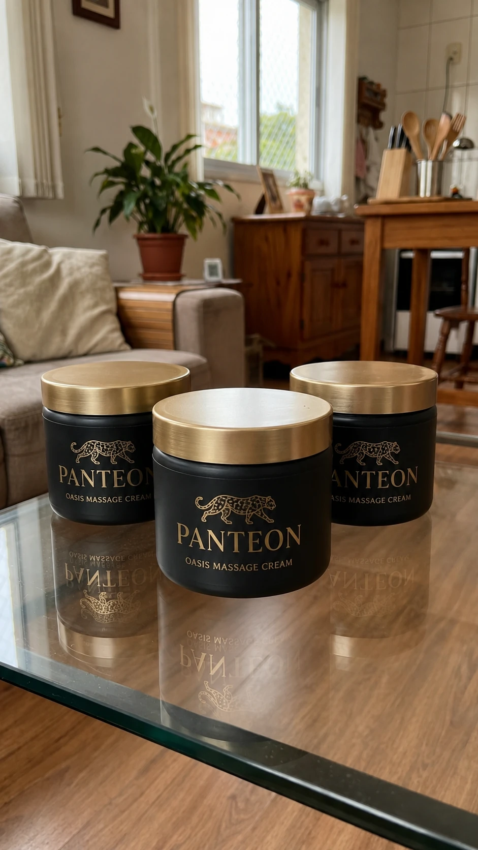 Três potes de Panteon na mesa